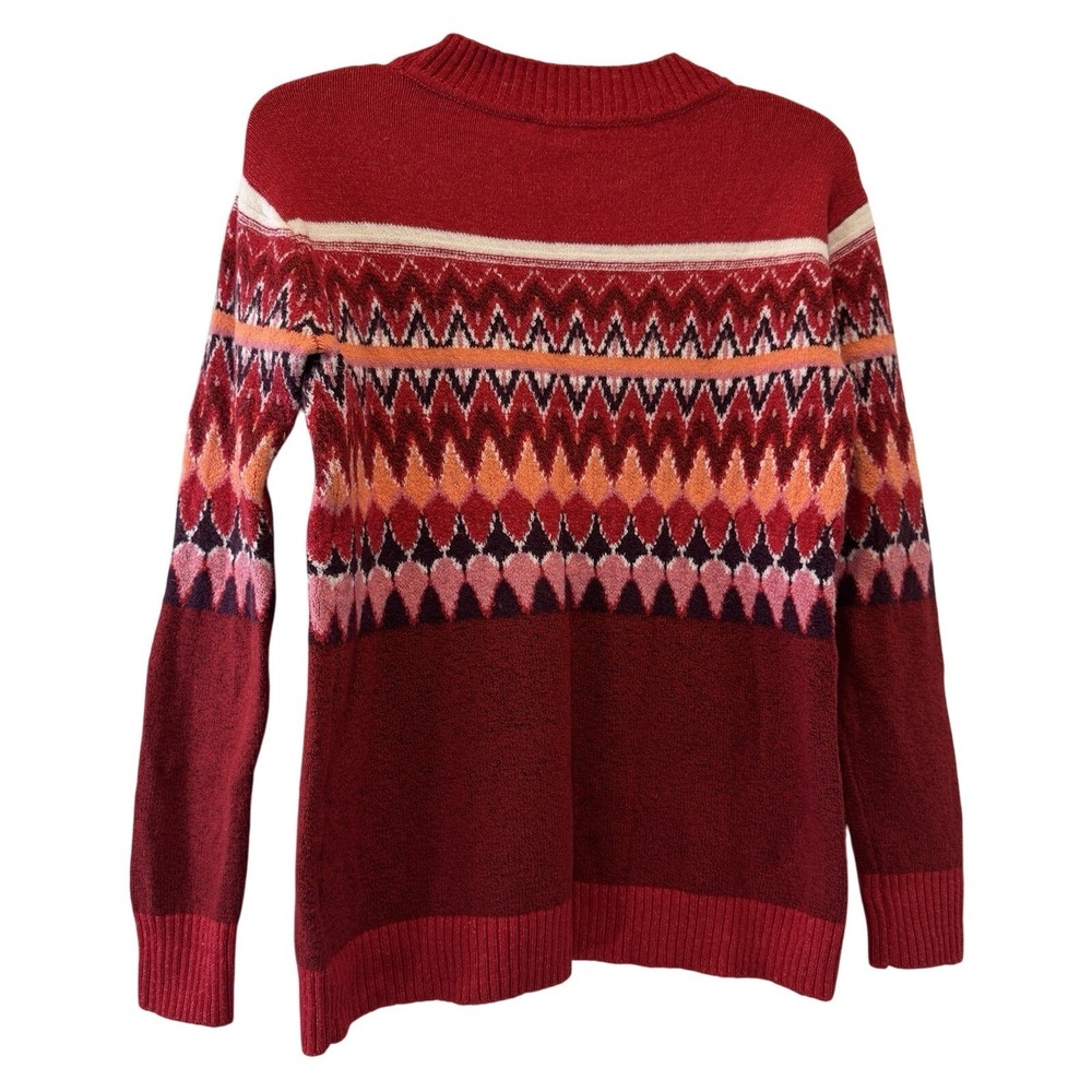 LOFT Sweater Womens XS Fair Isle Geometric Pullover Red Multi Cotton Blend Warm - Picture 2 of 6
